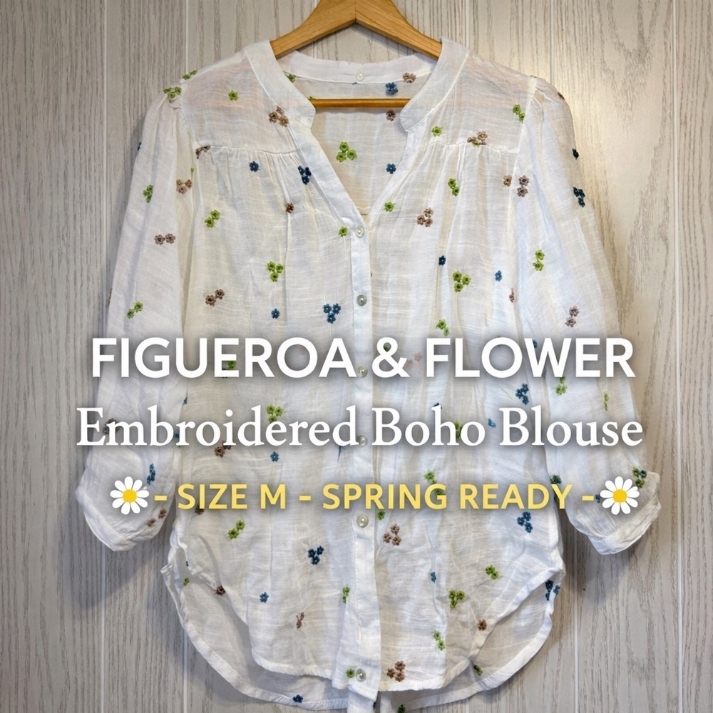 FIGUEROA & FLOWER White Embroidered Floral Boho Blouse Medium